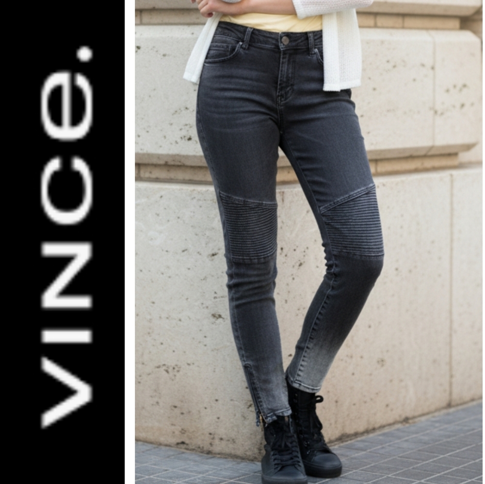 Vince Dylan Skinny Seamed Moto Jeans In A Black Ombre Wash